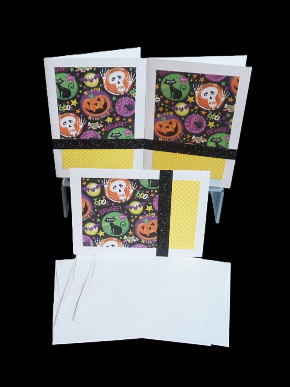 3 Halloween Handmade Greeting Cards 5x7 White Skeleton Fun Black Glitter Ribbon